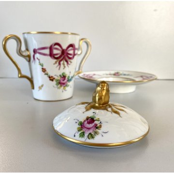 TAZZA PIATTINO COPERCHIO PORCELLANA LIMOGES FRANCE Trambleuse per CIOCCOLATA '50
