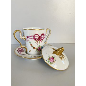 TAZZA PIATTINO COPERCHIO PORCELLANA LIMOGES FRANCE Trambleuse per CIOCCOLATA '50