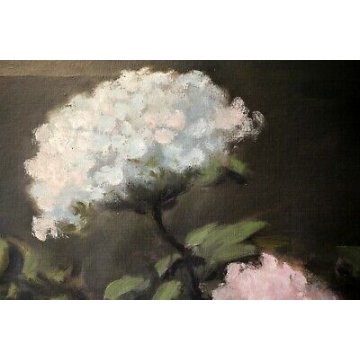 GRANDE ANTICO QUADRO DIPINTO OLIO Luigi Bosio NATURA MORTA VASO VETRO ORTENSIE