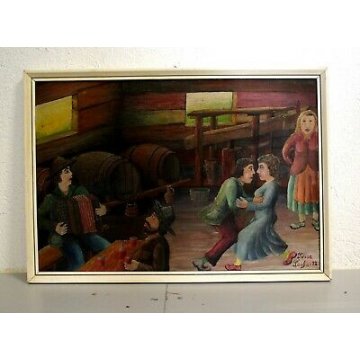 QUADRO DIPINTO TEMPERA SU TAVOLA SCENA D'OSTERIA BOTTI VINO MUSICISTA BALLO 72 