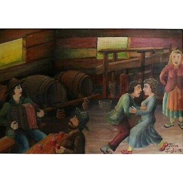 QUADRO DIPINTO TEMPERA SU TAVOLA SCENA D'OSTERIA BOTTI VINO MUSICISTA BALLO 72 