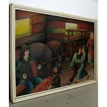 QUADRO DIPINTO TEMPERA SU TAVOLA SCENA D'OSTERIA BOTTI VINO MUSICISTA BALLO 72 