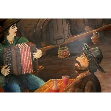 QUADRO DIPINTO TEMPERA SU TAVOLA SCENA D'OSTERIA BOTTI VINO MUSICISTA BALLO 72 