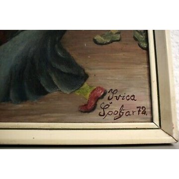 QUADRO DIPINTO TEMPERA SU TAVOLA SCENA D'OSTERIA BOTTI VINO MUSICISTA BALLO 72 