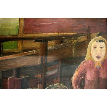 QUADRO DIPINTO TEMPERA SU TAVOLA SCENA D'OSTERIA BOTTI VINO MUSICISTA BALLO 72 