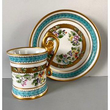 TAZZA MUG con PIATTINO PORCELLANA BIANCA DECORO FLOREALE DIPINTO A MANO '60s