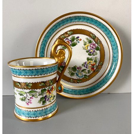 TAZZA MUG con PIATTINO PORCELLANA BIANCA DECORO FLOREALE DIPINTO A MANO '60s