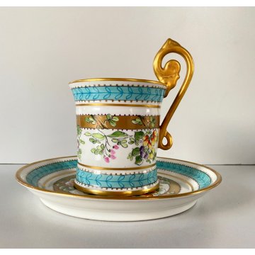 TAZZA MUG con PIATTINO PORCELLANA BIANCA DECORO FLOREALE DIPINTO A MANO '60s