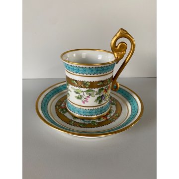 TAZZA MUG con PIATTINO PORCELLANA BIANCA DECORO FLOREALE DIPINTO A MANO '60s