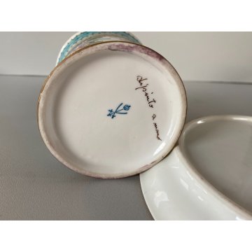 TAZZA MUG con PIATTINO PORCELLANA BIANCA DECORO FLOREALE DIPINTO A MANO '60s