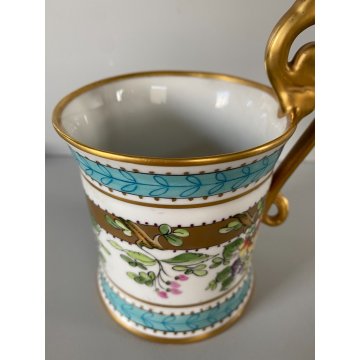 TAZZA MUG con PIATTINO PORCELLANA BIANCA DECORO FLOREALE DIPINTO A MANO '60s