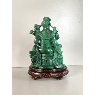 SCULTURA MALACHITE FIGURA SEDUTA FIORI DI LOTO CANE ARTE ORIENTALE XX sec