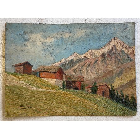 ANTICO DIPINTO OLIO TAVOLA Sori PAESAGGIO MONTANO BAITE ALPEGGIO DIVISIONISTA