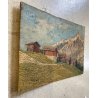 ANTICO DIPINTO OLIO TAVOLA Sori PAESAGGIO MONTANO BAITE ALPEGGIO DIVISIONISTA