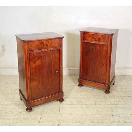 ANTICA COPPIA COMODINO STILE CARLO X LEGNO NOCE FINE 1800 CASSETTO ANTA
