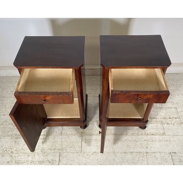 ANTICA COPPIA COMODINO STILE CARLO X LEGNO NOCE FINE 1800 CASSETTO ANTA