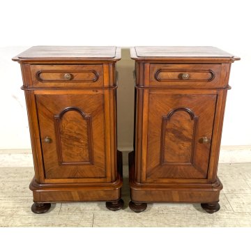 COPPIA ANTICO COMODINO UMBERTINO epoca 1900 LEGNO NOCE RADICA Old Nightstands