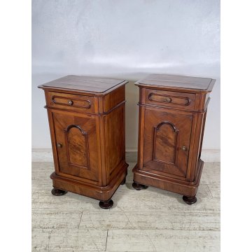 COPPIA ANTICO COMODINO UMBERTINO epoca 1900 LEGNO NOCE RADICA Old Nightstands