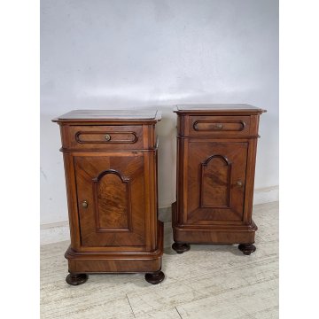 COPPIA ANTICO COMODINO UMBERTINO epoca 1900 LEGNO NOCE RADICA Old Nightstands