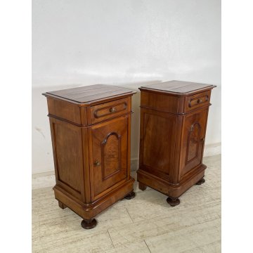 COPPIA ANTICO COMODINO UMBERTINO epoca 1900 LEGNO NOCE RADICA Old Nightstands