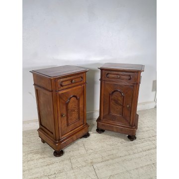 COPPIA ANTICO COMODINO UMBERTINO epoca 1900 LEGNO NOCE RADICA Old Nightstands
