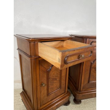 COPPIA ANTICO COMODINO UMBERTINO epoca 1900 LEGNO NOCE RADICA Old Nightstands