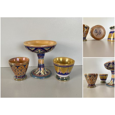 SET 3 pz PORTAUOVO/ALZATA CERAMICA ICAP Gualdo Tadino MAIOLICA LUSTRO ORO BLU