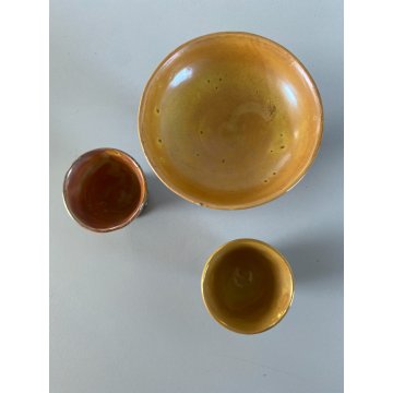 SET 3 pz PORTAUOVO/ALZATA CERAMICA ICAP Gualdo Tadino MAIOLICA LUSTRO ORO BLU