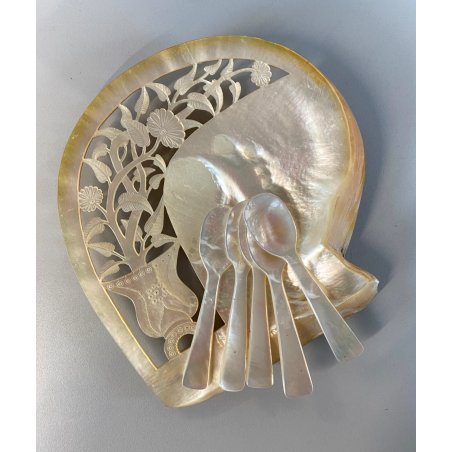 SET CAVIALE 1 GUSCIO 5 CUCCHIAINI MATERIALE NATURALE CANGIANTE DECORO INTAGLIATO