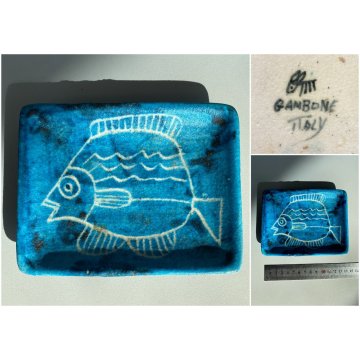 PICCOLO SVUOTATASCHE CERAMICA Guido Gambone VIETRI  TURCHESE DECORO PESCE '50