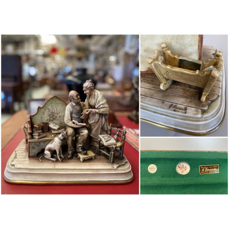 RARO GRUPPO SCULTOREO PORCELLANA A. Borsato Ottuagenari ANZIANI con CANE VINTAGE