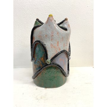 GRANDE VASO BRUTALISTA TERRACOTTA SMALTATA CORONA DECORO RILIEVO 33 cm/h '900