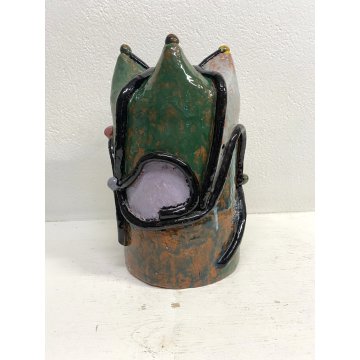 GRANDE VASO BRUTALISTA TERRACOTTA SMALTATA CORONA DECORO RILIEVO 33 cm/h '900