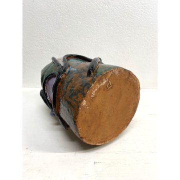 GRANDE VASO BRUTALISTA TERRACOTTA SMALTATA CORONA DECORO RILIEVO 33 cm/h '900