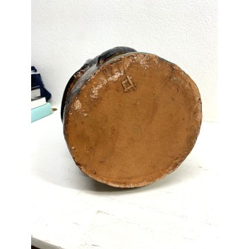 GRANDE VASO BRUTALISTA TERRACOTTA SMALTATA CORONA DECORO RILIEVO 33 cm/h '900