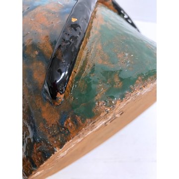 GRANDE VASO BRUTALISTA TERRACOTTA SMALTATA CORONA DECORO RILIEVO 33 cm/h '900