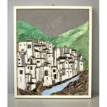 QUADRO DIPINTO OLIO JUTA Ernesto Ricotti 1987 VILLAGGIO DELL'ENTROTERRA LIGURE