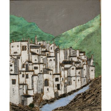 QUADRO DIPINTO OLIO JUTA Ernesto Ricotti 1987 VILLAGGIO DELL'ENTROTERRA LIGURE