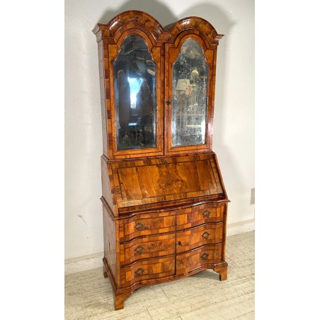 ANTICO TRUMEAU RIBALTA SCRITTOIO EPOCA '900 RADICA DI NOCE LATRONATO VETRINA