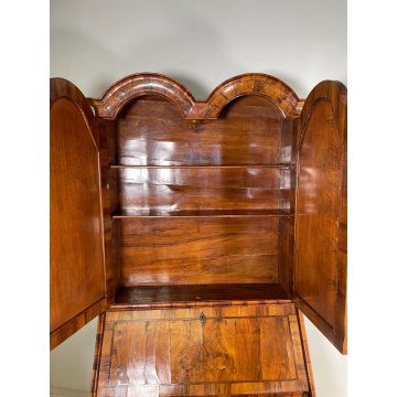 ANTICO TRUMEAU RIBALTA SCRITTOIO EPOCA '900 RADICA DI NOCE LATRONATO VETRINA