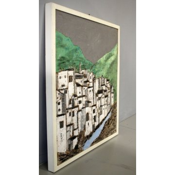 QUADRO DIPINTO OLIO JUTA Ernesto Ricotti 1987 VILLAGGIO DELL'ENTROTERRA LIGURE