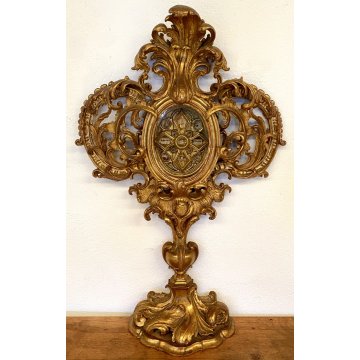 ANTICO GRANDE RELIQUIARIO A OSTENSORIO 14 RELIQUIE h 81 cm LEGNO DORATO '700