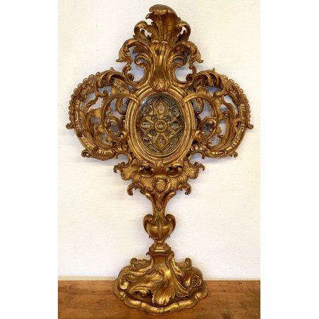 ANTICO GRANDE RELIQUIARIO A OSTENSORIO 14 RELIQUIE h 81 cm LEGNO DORATO '700