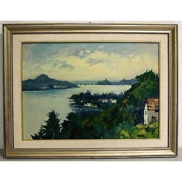 QUADRO DIPINTO PAESAGGIO Aleotti  VEDUTA BELGIRATE CASCINA LAGO MAGGIORE 1981 