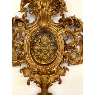 ANTICO GRANDE RELIQUIARIO A OSTENSORIO 14 RELIQUIE h 81 cm LEGNO DORATO '700