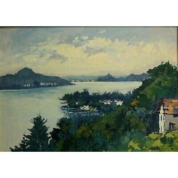 QUADRO DIPINTO PAESAGGIO Aleotti  VEDUTA BELGIRATE CASCINA LAGO MAGGIORE 1981 