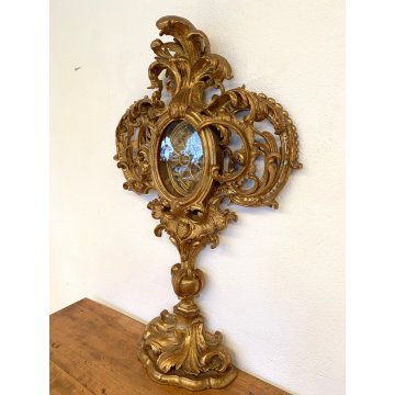 ANTICO GRANDE RELIQUIARIO A OSTENSORIO 14 RELIQUIE h 81 cm LEGNO DORATO '700