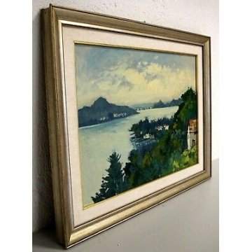 QUADRO DIPINTO PAESAGGIO Aleotti  VEDUTA BELGIRATE CASCINA LAGO MAGGIORE 1981 