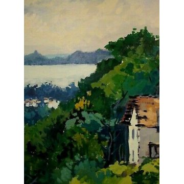QUADRO DIPINTO PAESAGGIO Aleotti  VEDUTA BELGIRATE CASCINA LAGO MAGGIORE 1981 
