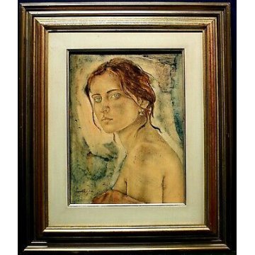  QUADRO DIPINTO OLIO TAVOLA Santo Forlini  "Modella" VOLTO RITRATTO DONNA 1982